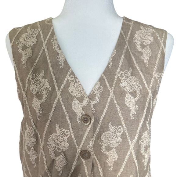 Vintage Express Embroidered Vest M Linen Blend Beige Diamond Floral USA - Picture 5 of 8